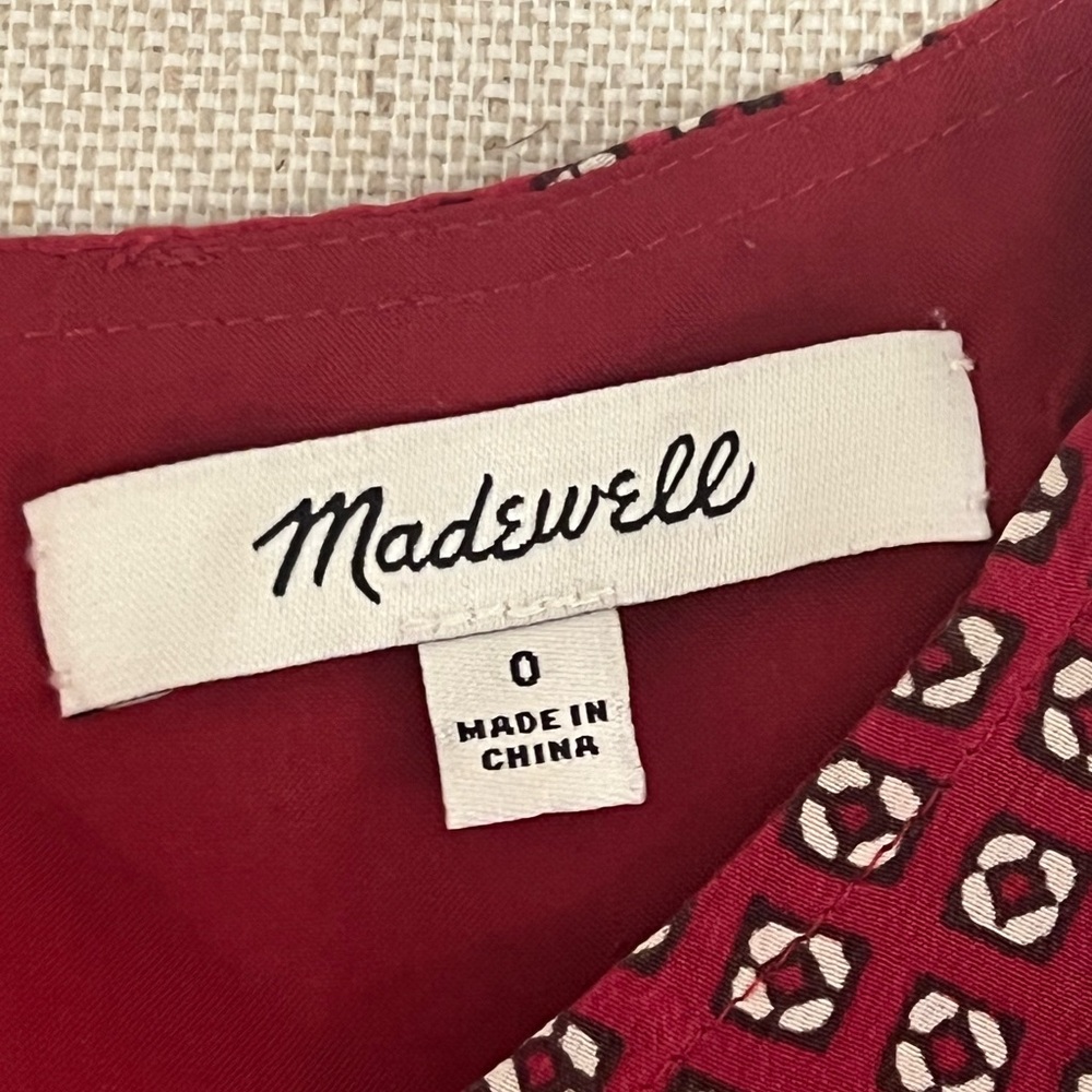 Madewell Silk Ascot Tile Maroon Red white short sleeve Drop Waist dress | Size 0 - Picture 11 of 14